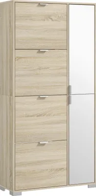 Image de HOMCOM Meuble à chaussures armoire à chaussures avec 4 abattants, 2 placards et façades miroir avec étagères réglables pour 16 paires de chaussures, meuble d'entrée