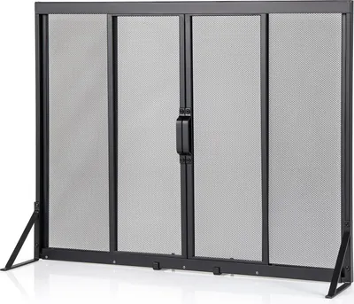 A black metal fireplace screen with four panels and double doors.