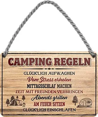 Produktbild von Blechschilder Lustiger Spruch “Camping Regeln“ Deko Schild Geschenkidee für Camping Fans 18x12 cm – 18x12cm / Braun / Camping