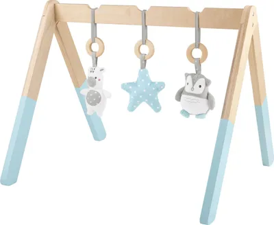 Produktbild von Playtive Holz Spielbogen mit 3 Plüschanhängern Aktivität Plüsch Rassel Knister Blau
