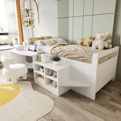 A child's bedroom with a bed, desk, and chair.