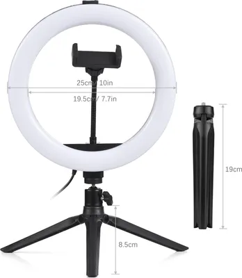 Obrázok produktu pre 10-palcové svetlo LED, 3 režimy osvetlenia, 11 úrovní, nastaviteľný jas, napájanie z USB, so statívom, držiakom na telefón, adaptérom na guľovú hlavu na živé vysielanie, make-up na selfie