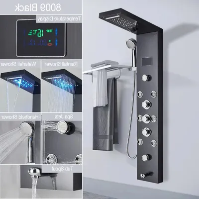 Obrázok produktu pre LED osvetlený sprchový panel – dažďová sprcha a masážne trysky s digitálnym displejom – čierna