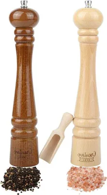 Zdjęcie produktu dla Duży zestaw drewnianych młynków do pieprzu i soli z 2 młynkami - wysokość 31,5 cm, wykonany z naturalnego drewna bukowego - młynek ręczny