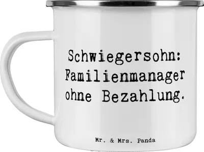 Produktbild von Mr. & Mrs. Panda Pott Spruch Schwiegersohn Manager - Weiß - Geschenk, Emaille Tasse, Beziehung, Familienleben, unbezahlt, Familie, einzigartige Designs, Kaffeepott, Humor