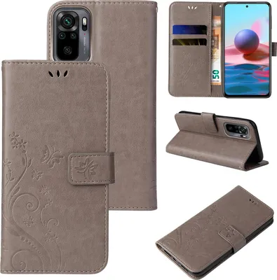 Produktbild von Handyhülle für Xiaomi Redmi Note 10 Floral Blumen Schmetterling Flip Cover Hülle Case Klapphülle Handytasche Farbe: Grau