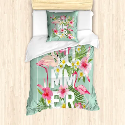 Produktbild von ABAKUHAUS Blumen Mantele, Tropical Retro Blumen, Milbensicher Allergiker geeignet mit Kissenbezügen, 135 cm x 200 cm - 80 x 80 cm, Mint-Grün-Rosa