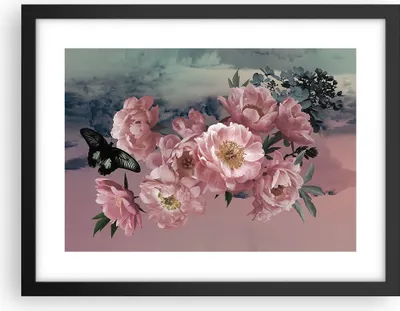 Produktbild von Gerahmtes Poster - Schwarzer Rahmen - Blumen Schmetterling Wolken - 40x30 cm - Wand Bild - Wanddeko - Wandbilder - Kunstposter - Wandposter - Bilderrahmen - Bilder - Kunstdruck - P2BAA40x30-4881