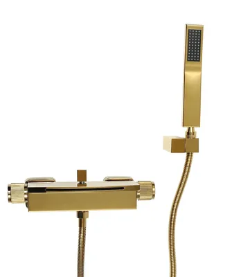 Produktbild von Badewannenarmatur Set - Wasserfall Auslauf & Handbrause - Hochdruck - Messing Ventil - Verbrühschutz Silikondüsen - Gold
