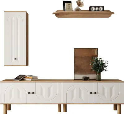 Immagine prodotto di Parete attrezzata AIORBER, 3 pezzi, composta da: Credenza, armadi, parete attrezzata. Bianco e legno, pannelli delle ante intagliati