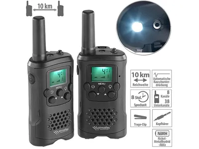 Produktbild von Walkie Talkie Funkgeräte 2er SET PMR-Funkgeräte mit VOX - bis 10 km Reichweite + LED Taschenlampe