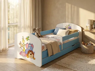 Produktbild von Happy Babies Kinderbett mit Rausfallschutz Junge 140x70 Bett für Kinderzimmer mit Schublade Matratze Einzelbett für Kinder Blau, ZOO