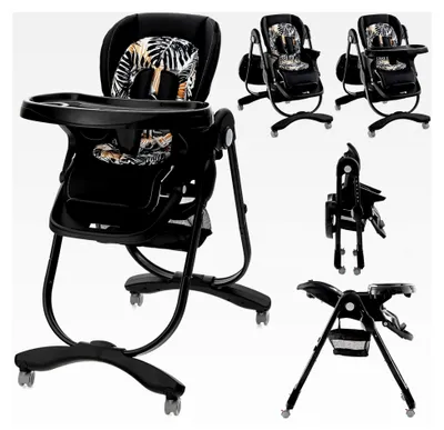Produktbild von Klappbarer Hochstuhl für Babys mit Liegefunktion, Rädern und Doppeltablett, Aufbewahrungstasche, verstellbarer Höhe, Fußstütze und Rückenlehne für 6–36 Monate (Schwarz)