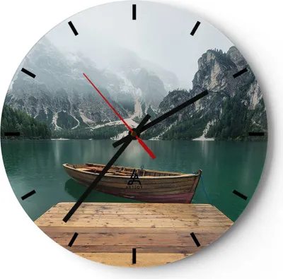 Produktbild von Wanduhr - Rund - Glasuhr - Berge See Boot - 40x40cm - Schleichendes Uhrwerk - Lautlos - zum Aufhängen bereit - Dekoration Modern - Wanddekoration aus Glas - C3AR40x40-3978