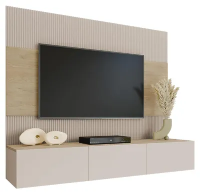 Produktbild von MIRJAN24 Wohnwand Deromi III, Wohnzimmer Möbel Set, Griffloses Öffnungssystem push to open, 2er-Set (Farbe: Sandbeige / Sandbeige + Eiche Cremona)