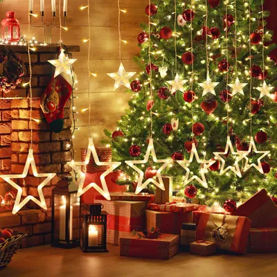 Image de Guirlande lumineuse Peviasot avec 138 LED, forme étoiles, comprenant 12 étoiles. Décoration de Noël, rideau lumineux en forme d'étoiles, avec 8 modes d'éclairage et fonction mémoire. Idéale pour les fêtes, les fenêtres, le jardin et la décoration intérieure