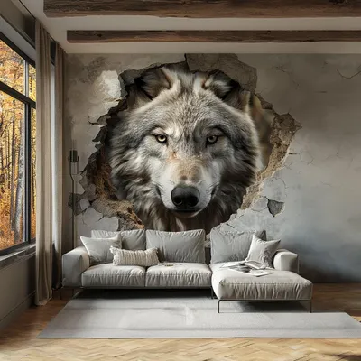 Image de Autocollant mural Decords – loup majestueux avec effet 3D de percée murale, 240 cm