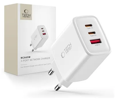 Image de Chargeur réseau Tech-Protect Nca65W-Gan à 3 ports, PD 65 W / QC 3.0, blanc