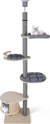 A multi-level cat tree with platforms, a hammock, and a hideaway.