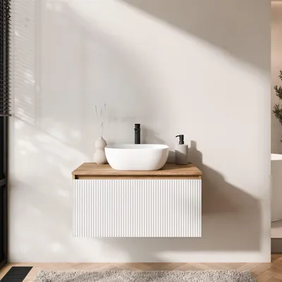Produktbild von Planetmöbel ARISA Waschtisch 80 cm weiß geriffelt mit Keramik-Aufsatzwaschbecken 42 cm in weiß
