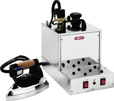 A professional studio shot of a steam generator iron and its base unit.