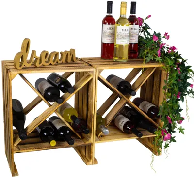 Produktbild von 2er Set Weinregal "X" geflammt Weinschrank Weinablage Flaschenregal Holzkiste Regalkiste Weinkiste