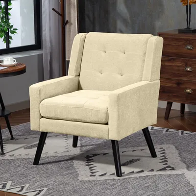 Produktbild von LVHOM Retro Polstersessel mit Holzbeinen, Skandinavischer Lesesessel aus Leinenoptik, Gesteppter Loungesessel für Wohnzimmer, Beige