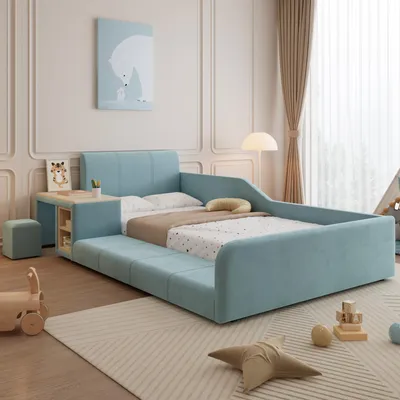 Produktbild von Merax Polsterbett 90x200 mit Schreibtisch und Hocker, Kinderbett mit Weiches Samtkopfteil, Einzelbett mit Ablageboden und Stabile Holzlatten, Blau