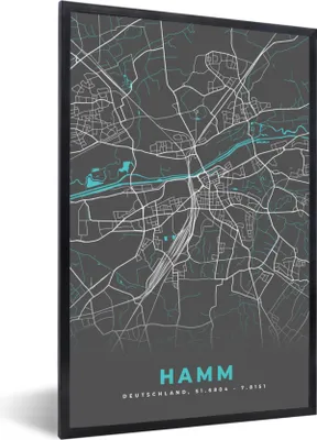Produktbild von MuchoWow® Gerahmtes Poster Stadtplan - Deutschland - Blau - Hamm - Karte 20x30 cm - Poster mit Schwarzem Bilderrahmen Wandposter Rahmen Foto Bilder - Drucken - Bilder Poster im Rahmen