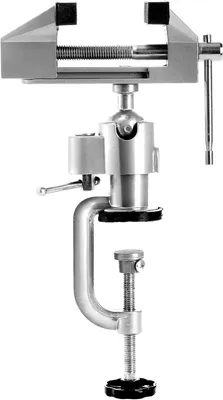 Imagen del producto de Morsa de banco giratoria 360°, fabricada en aluminio y acero, con una anchura de mordazas de 7,5 cm, ideal para uso en talleres