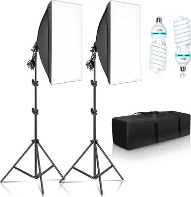 Zdjęcie produktu dla Zestaw oświetleniowy do fotografii, softbox 50x70 cm, regulowany statyw 2 m, 135 W, kolor biały