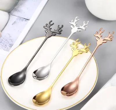 Produktbild von Kaffeelöffel Elchlöffel aus Edelstahl - Set von 4 - lange Dessertlöffel - Teelöffel - Besteckset - Cocktailgeschirr - Festgeschirr - Dekoration