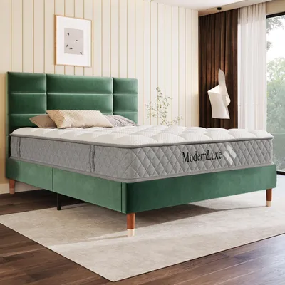 Image de Lit rembourré, lit double 140 x 200 cm, avec sommier à lattes, cadre rembourré, tête de lit et matelas, velours, pour adultes et adolescents, vert foncé