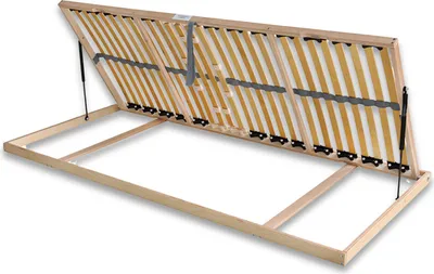 A wooden bed frame with slats, shown from an angled perspective with the slats lifted.