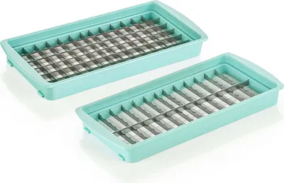 Two teal-colored ice cube trays with metal grids are shown against a white background.