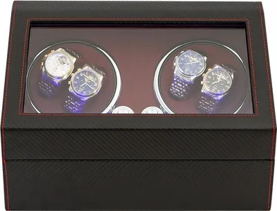 Obrázek produktu pro INF Automatický natahovač hodinek s karbonovým povrchem a LED osvětlením pro 4 hodinky Červené