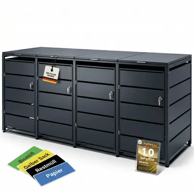 Produktbild von Albatros Mülltonnenbox 4er Tonne | bis 240 Liter | Anthrazitgrau RAL 7016 | verzinkter Stahl | Premium Dämpfer| Aufkleber-Set | wetterfest| verstellbare Füße| Türgriff mit Schloss | Gartenbox | entwickelt in Deutschland