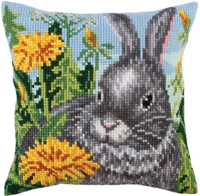 Produktbild von Collection D'Art Kreuzstich Stickpackung Kissen „Sonnenlöwenzahn“, Stickbild gedruckt, Stramin 5, 40x40cm