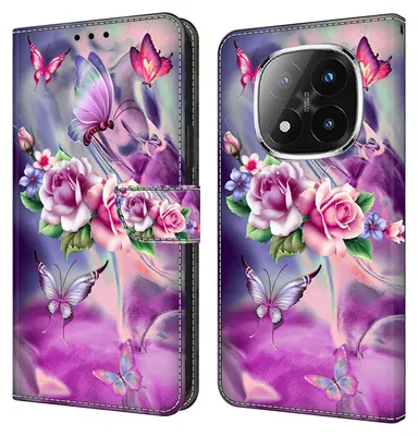 A collage of a phone case with a floral and butterfly design, showing both the front and back of the case.