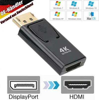A product collage showing a black DisplayPort to HDMI adapter, with compatibility icons for various Windows versions and macOS, along with text indicating its features and origin.