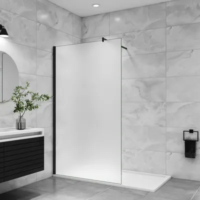 A modern bathroom with a walk-in shower.