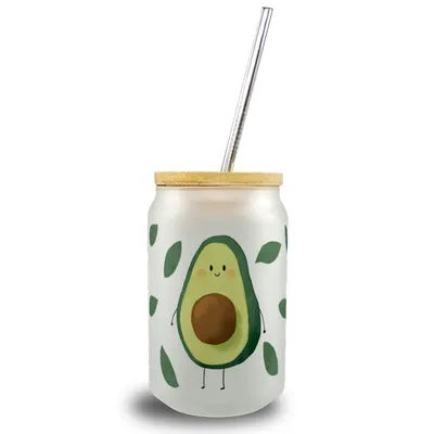 Produktbild von Avocado Trinkglas mit Bambusdeckel im Aquarell-Stil