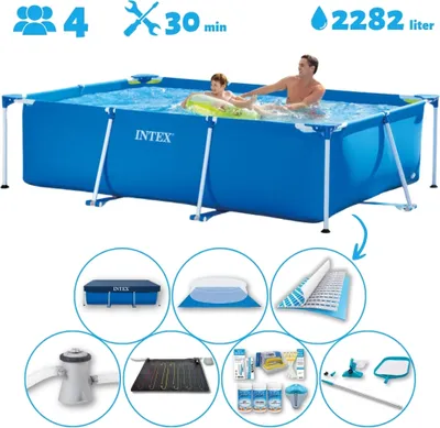 Produktbild von Intex-Schwimmbecken mit rechteckigem Rahmen – 260 x 160 x 65 cm – Blau – im Lieferumfang enthalten Abdeckung - Bodenplane - Filterpumpe für Schwimmbad - Solarmatte - Wartungspaket - Reinigungskit