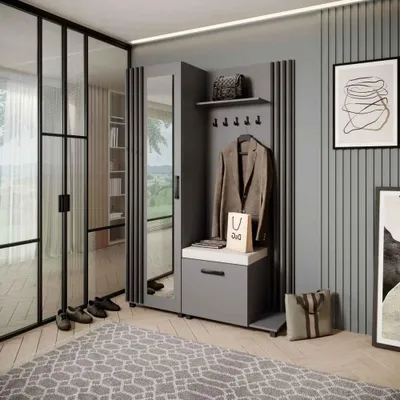 Image de Armoire LIVIA – Ensemble vestiaire avec miroir et cintres, graphite, lamelles noires, coussin d'assise beige clair, à droite