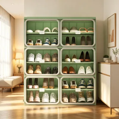 Imagen del producto de Armario para zapatos INONEFT con puertas, zapatero, 6 compartimentos, cierre magnético, diseño plegable, estante superior, 85x34x104 cm, verde