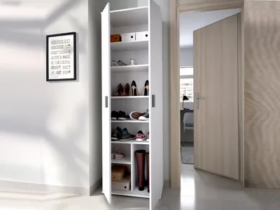 Produktbild von Mehrzweckschrank Dmiani, Multifunktions-Aufbewahrungseinheit, Kleiderschrank mit 2 Türen, 61 x 35 x 190 cm, Weiß