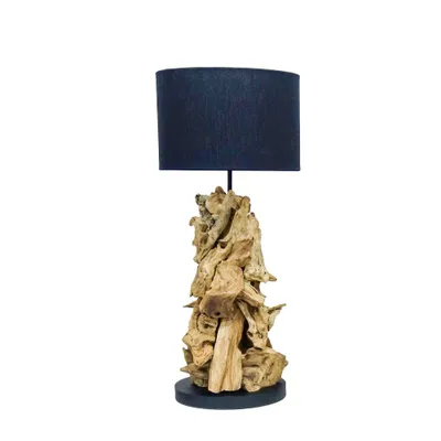 A table lamp with a dark blue shade and a base made of natural wood.