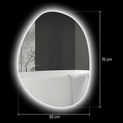 Image de miroir de salle de bain asymétrique 70 x 50 cm avec lumière LED, interrupteur Smart Touch, fonction antibuée, argenté