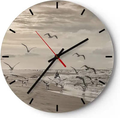 Produktbild von Wanduhr - Rund - Glasuhr - Möwen Küste Boho - 30x30cm - Schleichendes Uhrwerk - Lautlos - zum Aufhängen bereit - Dekoration Modern - Wanddekoration aus Glas - C3AR30x30-4723