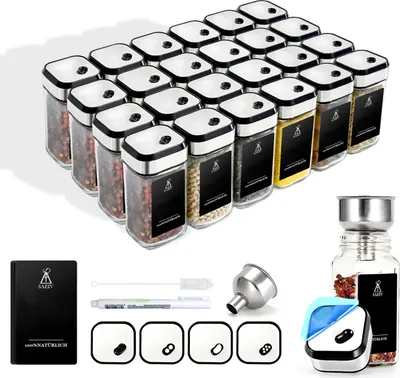 Immagine prodotto di Set di contenitori per spezie - Set da 24 pezzi - Contenitori in vetro da 120 ml - Etichette impermeabili - Tappo a vite e dosatore - Contenitori per la conservazione in cucina - Trasparente